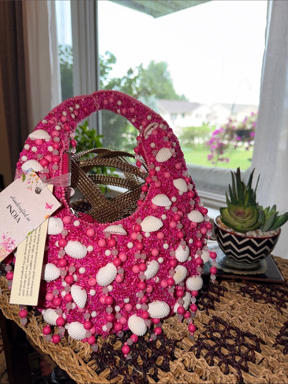 Handcrafted in India Pink Seashell Beaded Handbag NWT Statement Purse